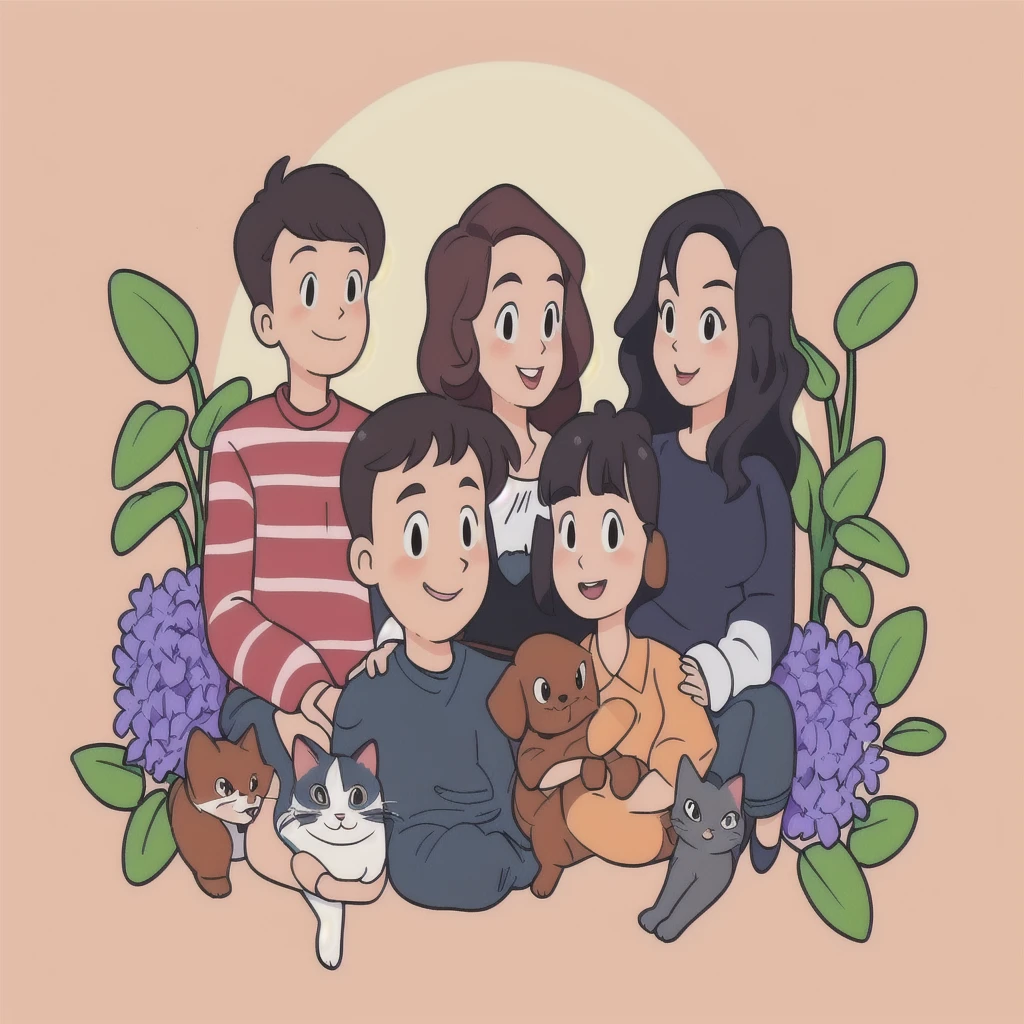 A group of people sitting together with a cat and a dog, Cartoon Style, Cartoon art style, Cartoon Style插图, Family portrait, Official Fanart, Cartoon art style, Detailed fan art, High quality portrait, happy, Cartoon illustration, Committee, Illustration line art style, nft portrait, High-quality fanart, Cartoon Portrait, detailed 2d illustration, Illustration style