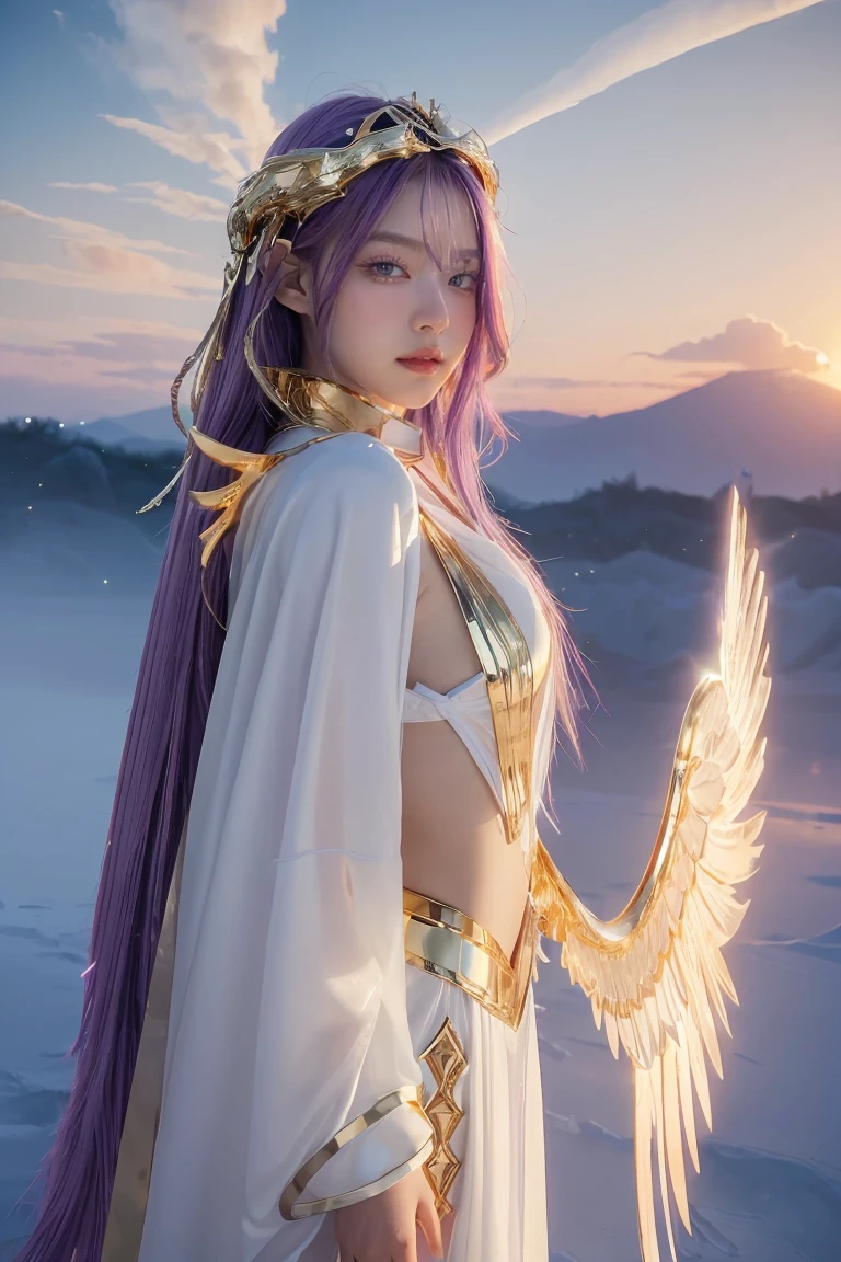 ((masterpiece, best quality, extremely detailed), volumetric lighting, ambient occlusion, colorful, glowing), 
1girl, solo, young girl, (purple hair), long hair, halo, aura, sacred, goddess, cleric suit, (white outfit with gold detailst:1.3), angel wings,
outdoors, sunset, sky, clouds, space, (fantasy theme:1.2),