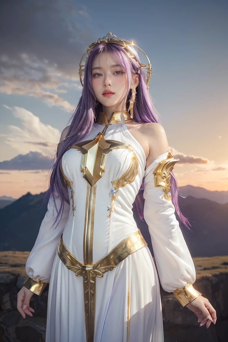 ((masterpiece, best quality, extremely detailed), volumetric lighting, ambient occlusion, colorful, glowing), 
1girl, solo, young girl, (purple hair), long hair, halo, aura, sacred, goddess, cleric suit, (white outfit with gold detailst:1.3), angel wings,
outdoors, sunset, sky, clouds, space, (fantasy theme:1.2),