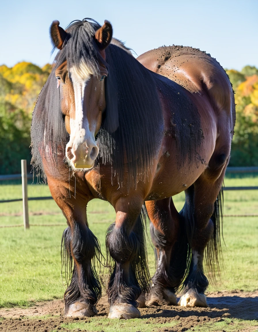 full rear view of large draft horse stallion with lumps of horse dung oozing out of a big   bum. facing away from view point - towards horizon. rectum and anus in full view. tail to left side.