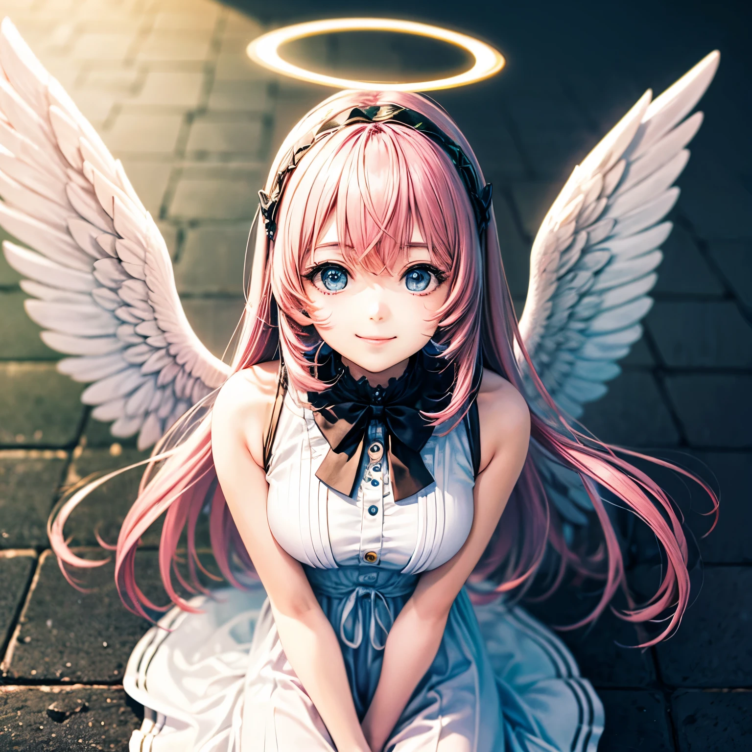 megurine luka、Big angel wings、Angel Halo、smile、Look at this、Wearing a light white dress