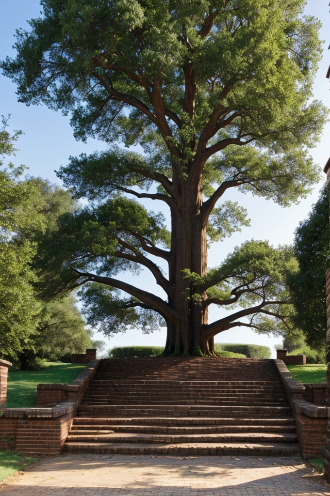 A large magical tree with a series of brick steps leading to an ancient gate in the middle of the tree trunk.