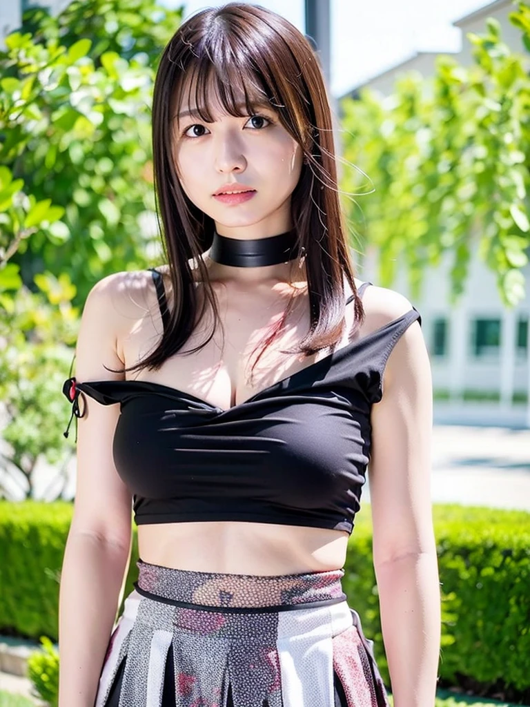 best quality, ultra high res, (photorealistic:1.4), 1girl, off-shoulder white shirt, black tight skirt, black choker, (faded ash gray hair:1), looking at viewer, Cleavage、tits