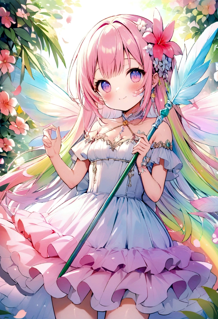 Cute Flower Fairy ，Colorful feathers, Holding the scepter，Beautiful and sparkling sea、Transparent feathers､A kind smile､Summer background､A gentle and transparent fairy､Watercolor paints，Beautiful garden background，Vibrant rainbow landscape，Variety of colors，Rich Elements，Facial features are highly detailed，Ultra-high sharpness、Kilo、8K、