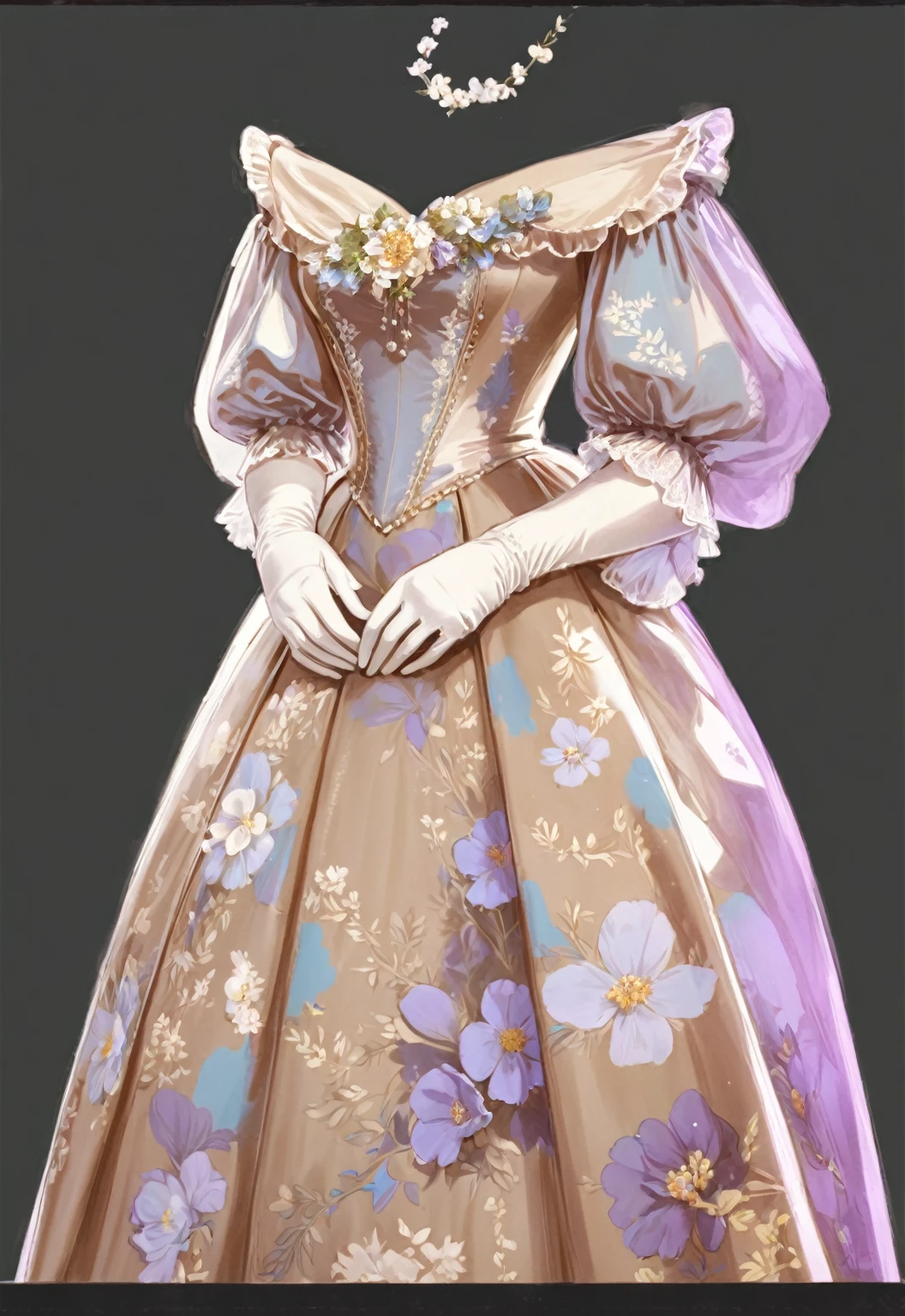 beautiful illustration, ultra-detailed, masterpiece, anime style, victorian era, victorian style, victorian dress, dress with flowers printed, silk dress, white gloves,