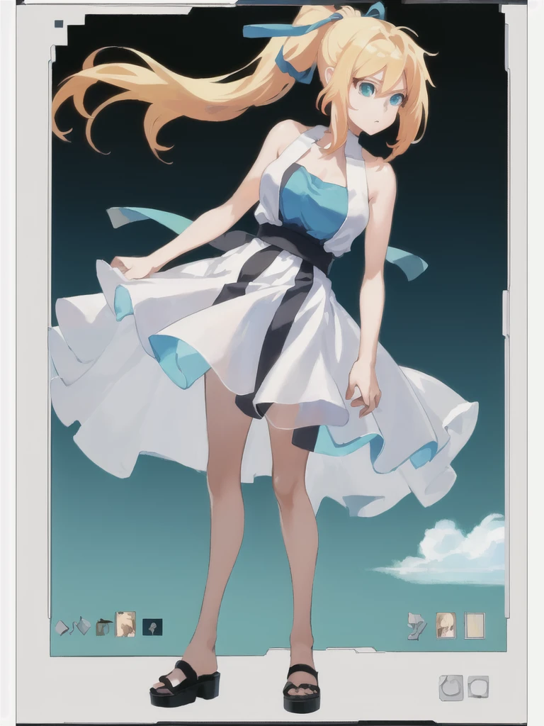 (masterpiece, best quality, high resolution,Transparent Background,Kaiko,Standing picture), Anime Screenshots, 1 Girl, Solitary, whole body, Chara_look, Blonde_hair, long hair, Ponytail, hair ribbon,Turquoise fantasy style