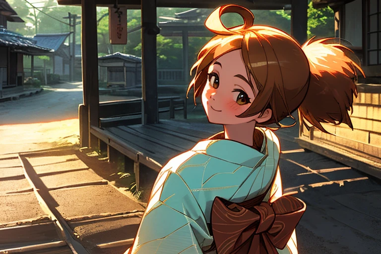 High resolution,high quality,(Perfect body),Old Japanese style town,Dirt Road,Tile roof,Main Street,Girl in Japanese clothes,kimono,Flashy pattern,Chestnut Hair,Short Hair,looking at the camera,smile