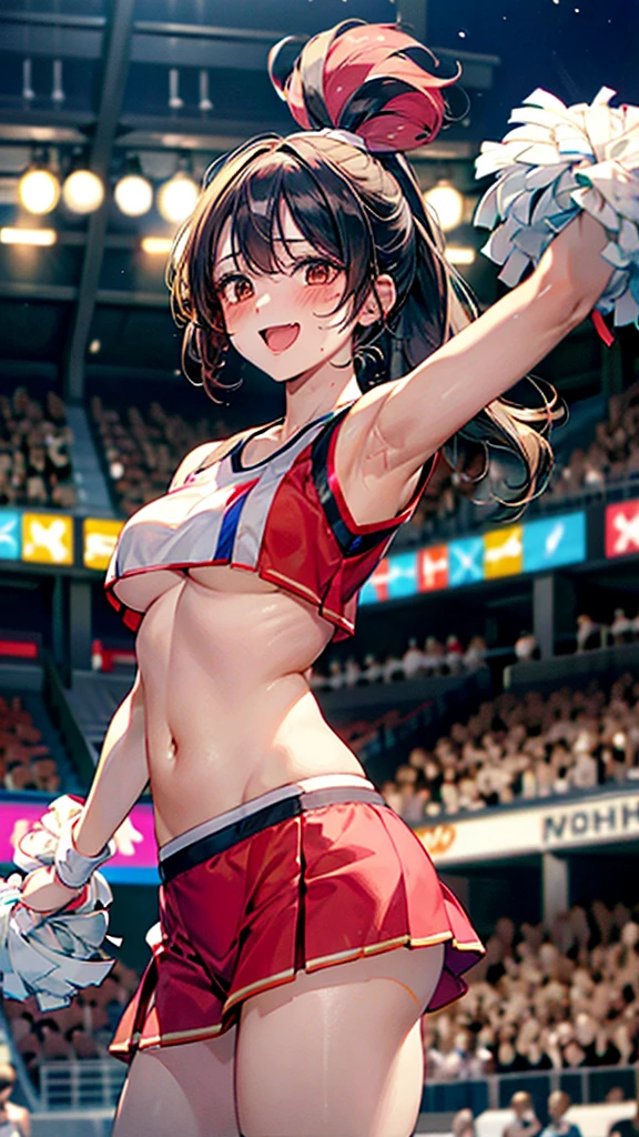 tubetops,Underboobs,ponytail,cheerleader, stadium, team spirit, pom-poms, enthusiastic, energetic, crowd, uniform, sports event, cheering, colorful, dynamic pose, happy, vibrant, teamwork, celebration, night game, lights, action