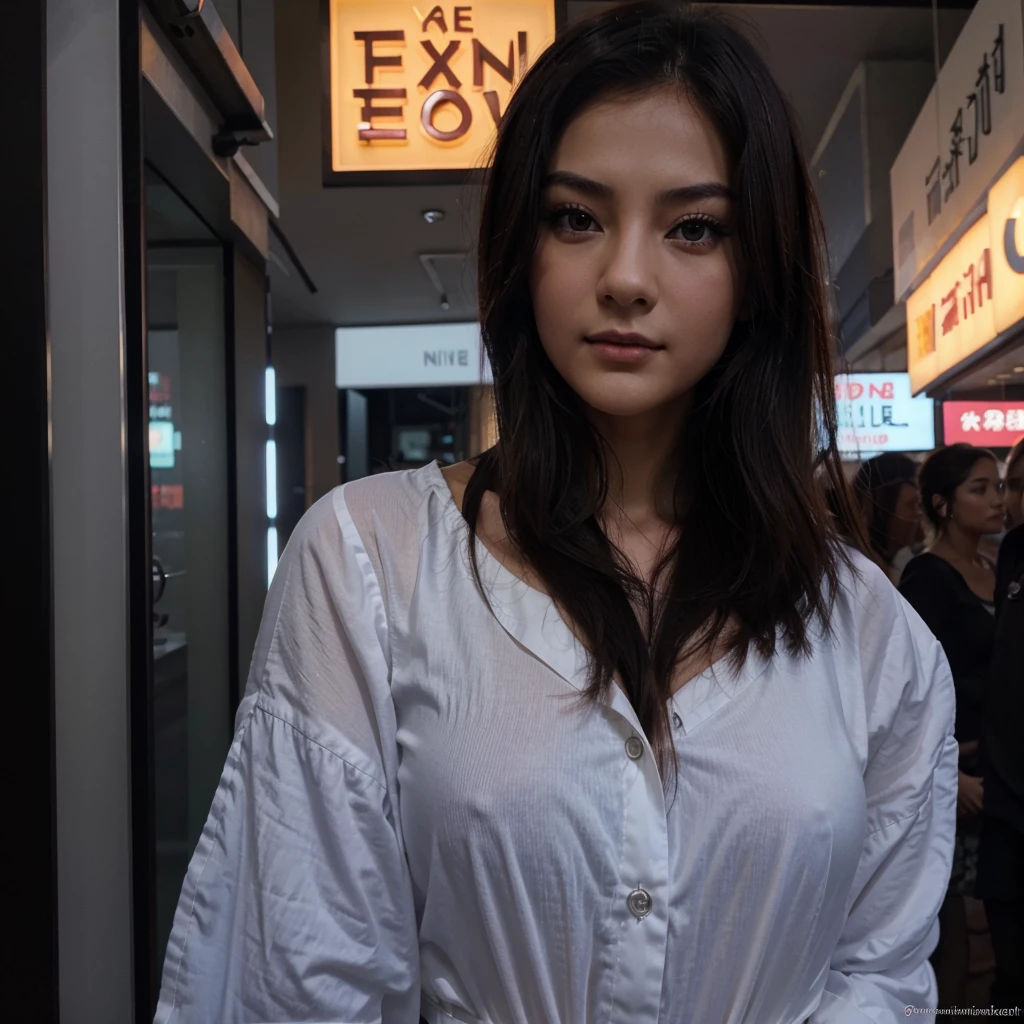 Asiatique, brune, 25 ans, regarde timide, yeux noir hyperrealiste, a l'exterieur, selfie, lumineux, full hd regard coquin