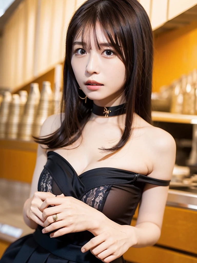 best quality, ultra high res, (photorealistic:1.4), 1girl, off-shoulder white shirt, black tight skirt, black choker, (faded ash gray hair:1), looking at viewer, Cleavage、tits