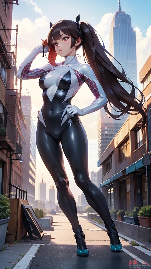 (masterpiece, best quality), intricate details, 8k, artstation, wallpaper, official art, splash art, sharp focus,, 1girl, long hair, twin tails, red eyes, brown hair, , spider swimsuit suit, spider web printing, spider web, , skyscrapers, city, buildings, cars, street, full body