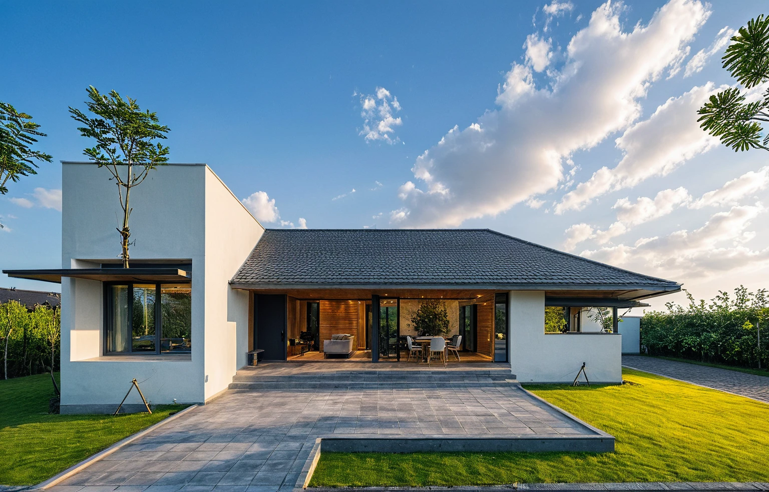 Masterpiece, high quality, best quality, authentic, super detail, outdoors, house style modern,bietthuhn, white wall, glass windows, gate road,pavement, grass, trees,blue sky, cloud, (day:1.1), realistic lighting