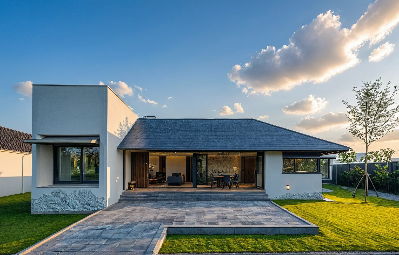 Masterpiece, high quality, best quality, authentic, super detail, outdoors, house style modern,bietthuhn, white wall, glass windows, gate road,pavement, grass, trees,blue sky, cloud, (day:1.1), realistic lighting