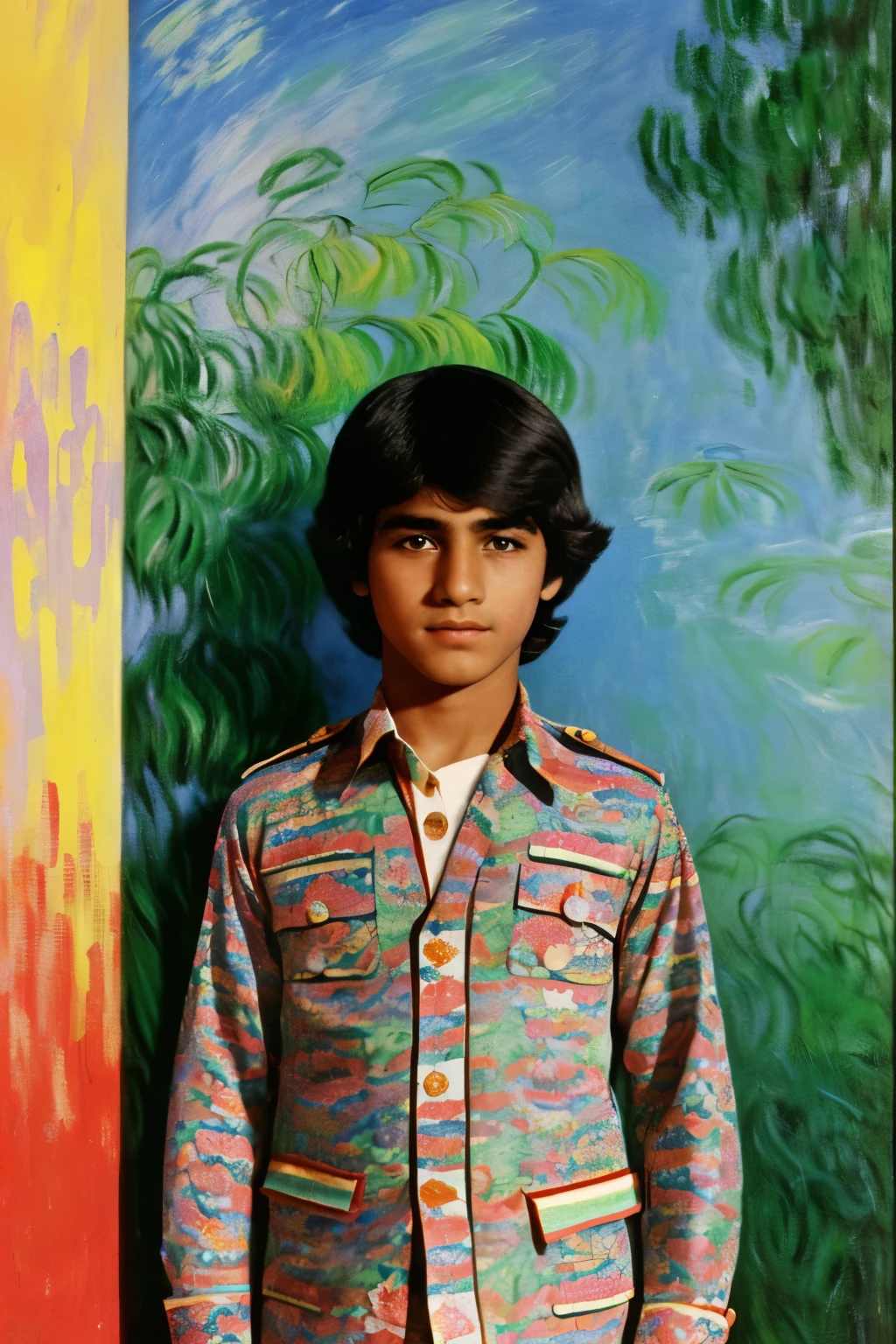 Afghanistan, 1976. A young ((((13-year-old)) Amir)), boy, birthday party, ((((clothings from the 1970s)))), ((short hairstyle of the 1970s)), ((colorful, Monet))