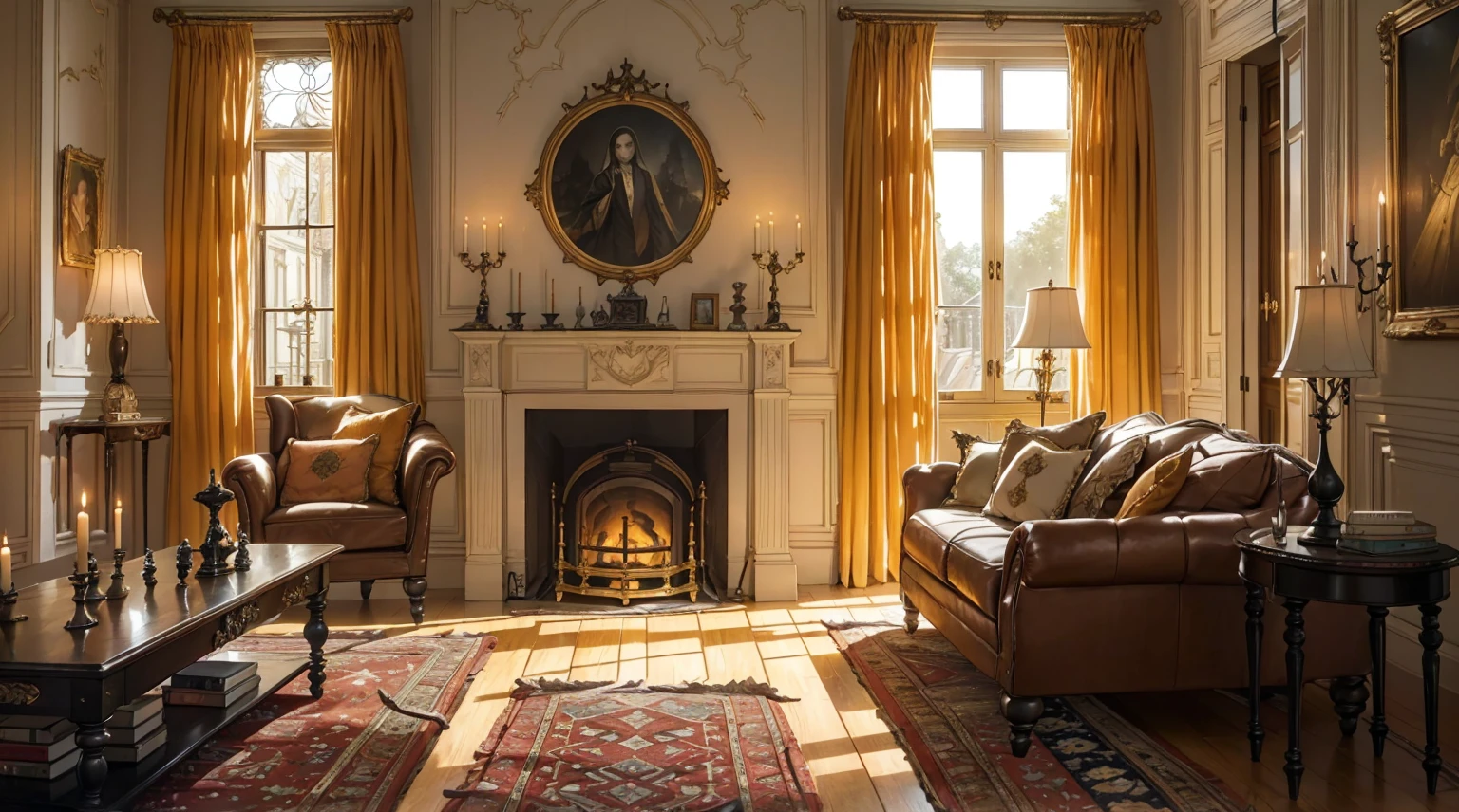 Interior, victorian Manor with reliquies, (((Nigth))), (((moonligth enters the living room))) soft pale orange palette, soft  secundary exterior ligth 