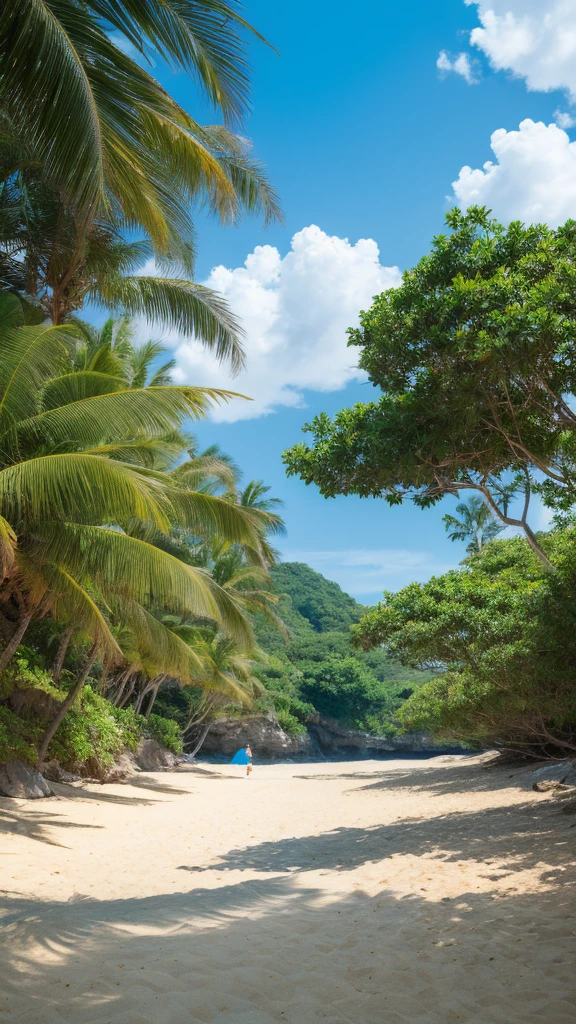 landscape, summer, blue sky, Okinawa, private Beach, Cove, Ocean, unmanned, Beach, Nobody, Hot Weather, sun, HD detailed, Super detailed, movie, Hyperrealism, Soft Light, Deep focus bokeh, Ray Tracing, gwise on art station pixiv, makoto shinkai, art germ