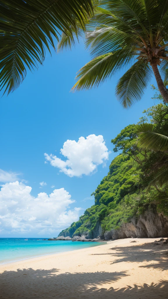 landscape, summer, blue sky, Okinawa, private Beach, Cove, Ocean, unmanned, Beach, Nobody, Hot Weather, sun, HD detailed, Super detailed, movie, Hyperrealism, Soft Light, Deep focus bokeh, Ray Tracing, gwise on art station pixiv, makoto shinkai, art germ