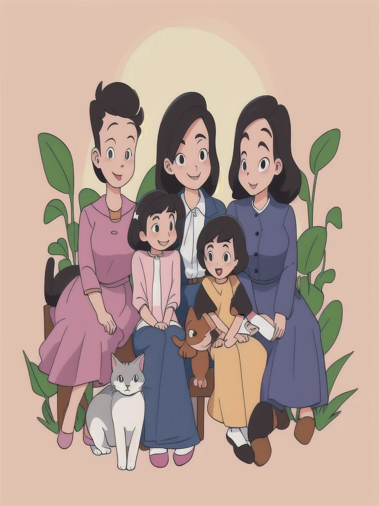 A group of people sitting together with a cat and a dog, Cartoon Style, Cartoon art style, Cartoon Style插图, Family portrait, Official Fanart, Cartoon art style, Detailed fan art, High quality portrait, happy, Cartoon illustration, Committee, Illustration line art style, nft portrait, High-quality fanart, Cartoon Portrait, detailed 2d illustration, Illustration style