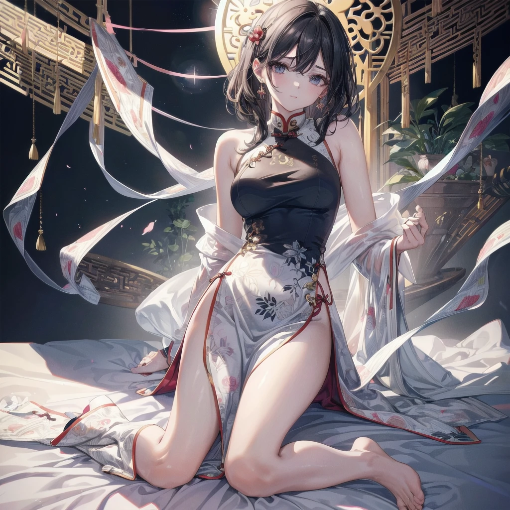 ((((absurdres, RAW photo, extremely delicate and beautiful, masterpiece, Best Quality, ultra high resolution, 32k, hyperrealistic, ultra-detailed)))), in her 20s, very Slim body, narrow waist, very small head, very small face, delicate facial features, beautiful face, beautiful eyes, very huge round tits, medium hair, black hair, wavy hair, tearful mole, earring, full body shot, ((cheongsam)),