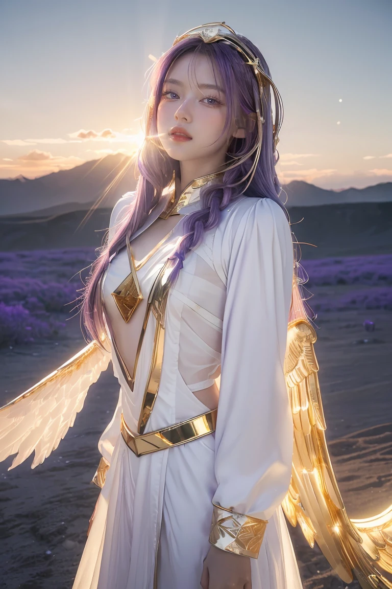 ((masterpiece, best quality, extremely detailed), volumetric lighting, ambient occlusion, colorful, glowing), 
1girl, solo, young girl, (purple hair), long hair, halo, aura, sacred, goddess, cleric suit, (white outfit with gold detailst:1.3), angel wings,
outdoors, sunset, sky, clouds, space, (fantasy theme:1.2),