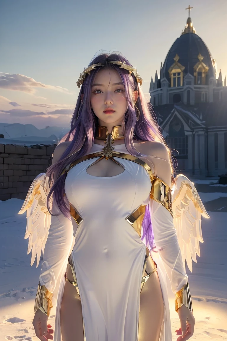 ((masterpiece, best quality, extremely detailed), volumetric lighting, ambient occlusion, colorful, glowing), 
1girl, solo, young girl, (purple hair), long hair, halo, aura, sacred, goddess, cleric suit, (white outfit with gold detailst:1.3), angel wings,
outdoors, sunset, sky, clouds, space, (fantasy theme:1.2),