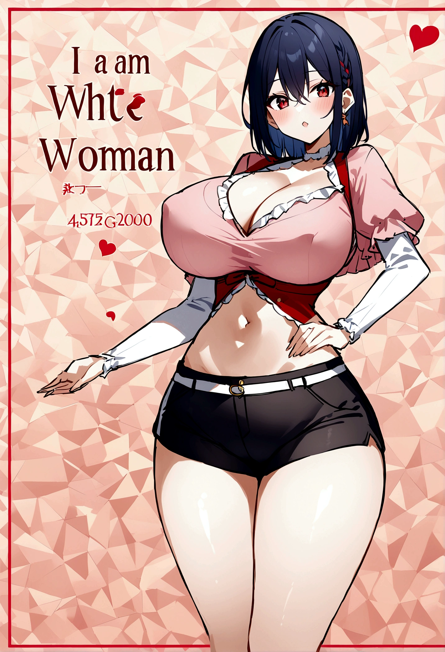 My name is Akari., I am a white test woman with dark blue hair long, red eyes and red . I am 1.62 cm tall and weigh 47 kg. My breasts measure 200 cm, my waist 50 cm and my hips 200 cm. Dressed in a tight, low-cut pink blouse along with short black shorts  . With big breasts 200 cm