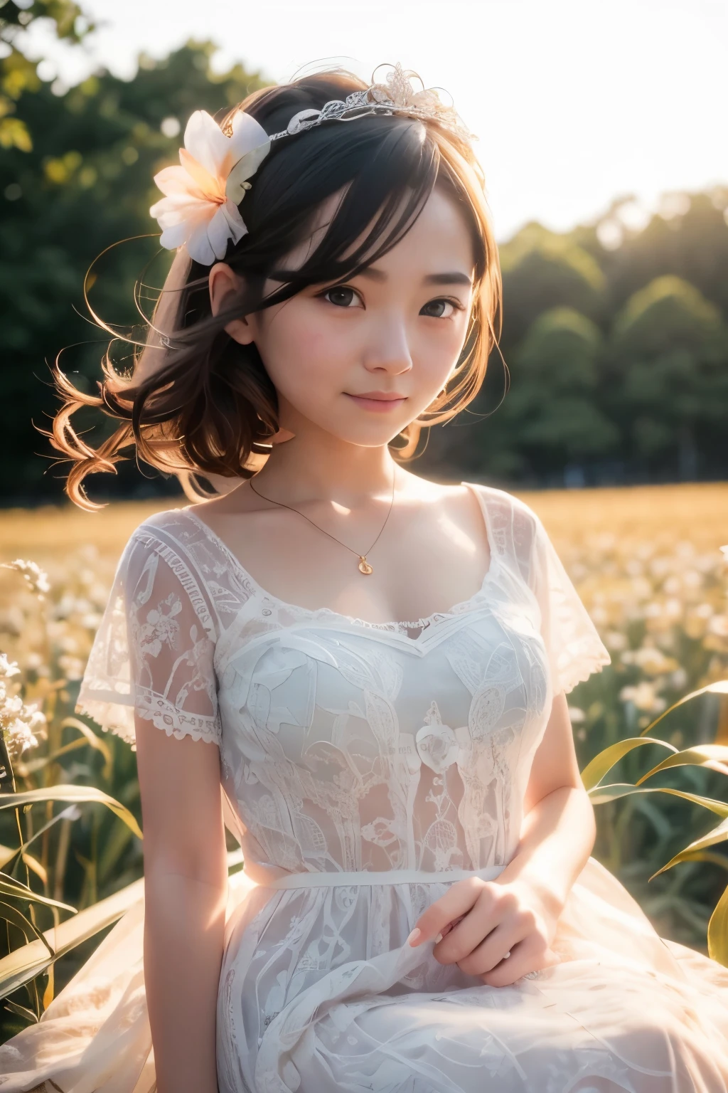 Cute Chibi Girl、smile、In the corn field、Very detailed、Ultra-realistic、Photorealistic、8K、Hyperrealistic、masterpiece、Beautiful detailed eyes、Beautiful detailed lips、Very detailedな顔、Long eyelashes、Beautiful young girl、Calm expression、sitting in a cornfield、Golden light、Warm colors、Beautiful lighting、Cinematic、Intricate details、Bright colors、natural environment、Lush vegetation、Soft Focus、Depth of written boundary