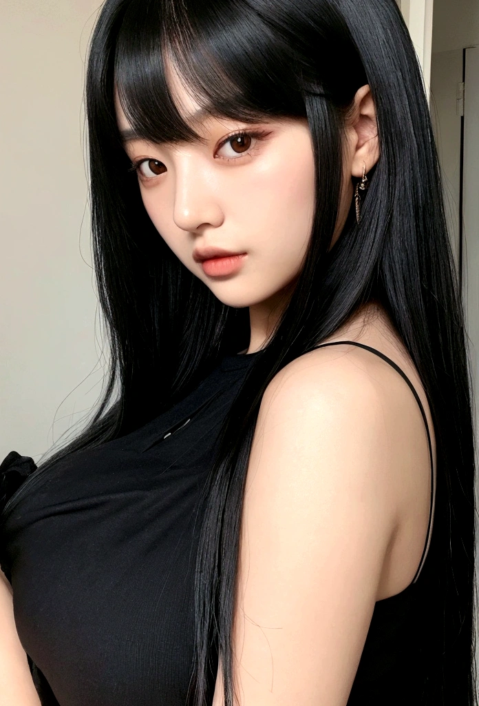 A man in a black shirt、Close-up of lady with long black hair, Ulzan, Korean Girl, She has black hair,With bangs, 2 female model, Young and beautiful Korean woman, Weight loss photos, Beautiful Korean woman, Jisoo from Blackpink, cruel korean goth girl, Long hair, black hime cut hair, Instagram Models