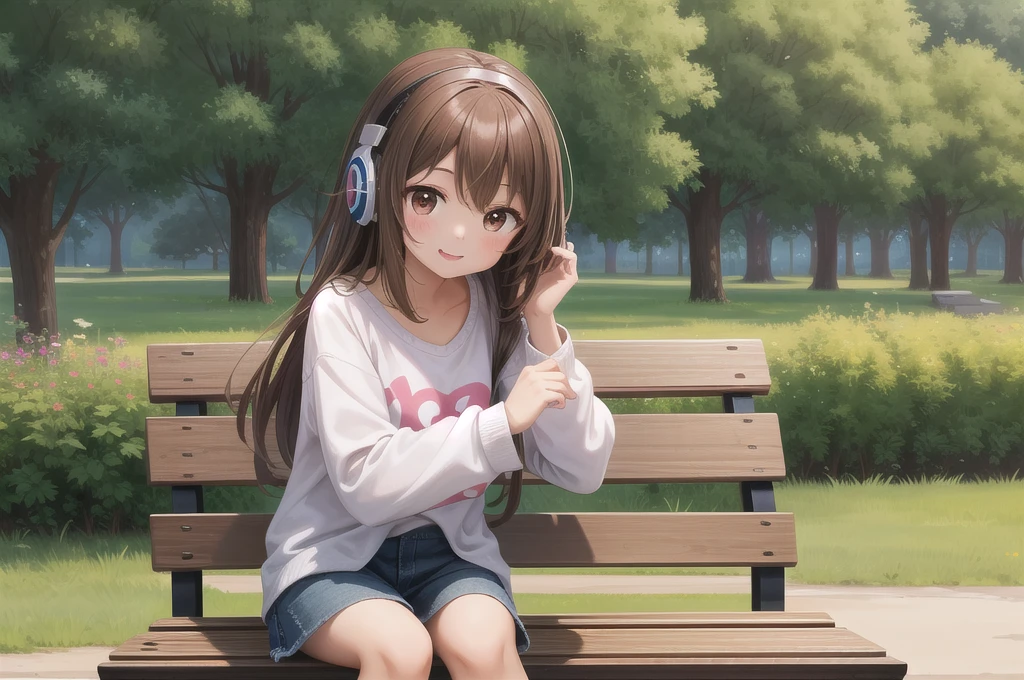 One girl, alone, 20-year-old, Brown eyes, Brown Hair, smile, Nice casual clothes, grassland, bench, headphone, masterpiece, Fine Fingers, 最high quality:1.4, high quality, detailed,