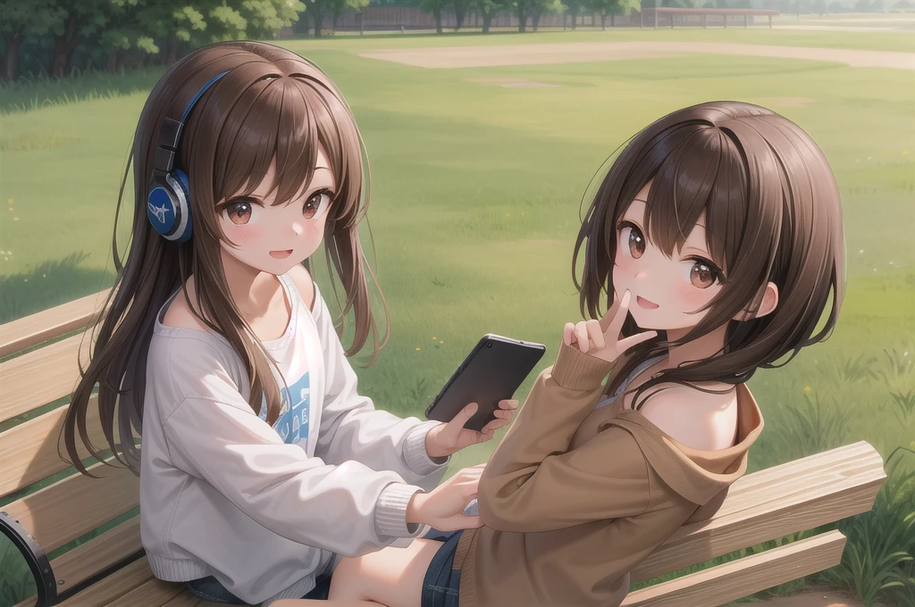 One girl, alone, 20-year-old, Brown eyes, Brown Hair, smile, Nice casual clothes, grassland, bench, headphone, masterpiece, Fine Fingers, 最high quality:1.4, high quality, detailed,