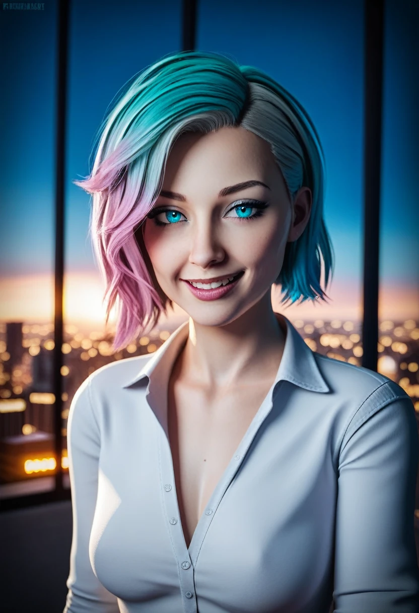 (best quality,4K,8K,highres,masterpiece:1.2),Ultra-detail,(Ultra-realisti, photorealisti,photo-realisti:1.37),beautiful woman in a skyscraper, looking out the windows at the night city skyline, her cyan eyes and bright gray hair framed by the city lights, a cheerful expression on her detailed, expressive face, dramatic lighing, (best quality,4K,8K,highres,masterpiece:1.2),Ultra-detail,(realisti,photorealisti,photo-realisti:1.37),portrait,cityscape,Inner,windows,city lights,Highlights,dramatic lighing,filmic