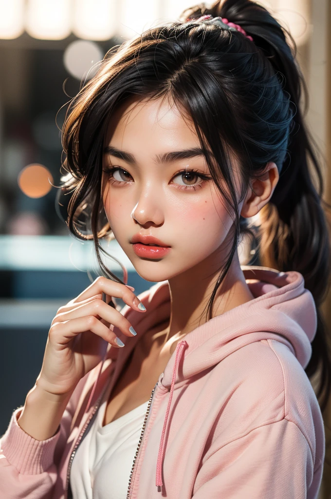 Hyperrealistic character. 22-year-old woman, sharp nose, looks beautiful and authoritative, fair skin, very large breasts, blonde hair (((ponytail hairstyle )))), and wearing a pink hooded jacket. body position facing the camera with hands in ready position, facial details (((sharp nose details, small eyes, natural eyebrows, mouth )))), eyebrows far away from eyes, in a coffee shop. lipgloss, eyelashes, shiny face, shiny skin, best quality, high resolution, depth of field, chromatic aberration, caustic, Wide lighting, natural shadows, High quality photo, UHD, 16K, 1 girl, 3D, dark theme, waist up, Cartoon rendering shown from hair to hips