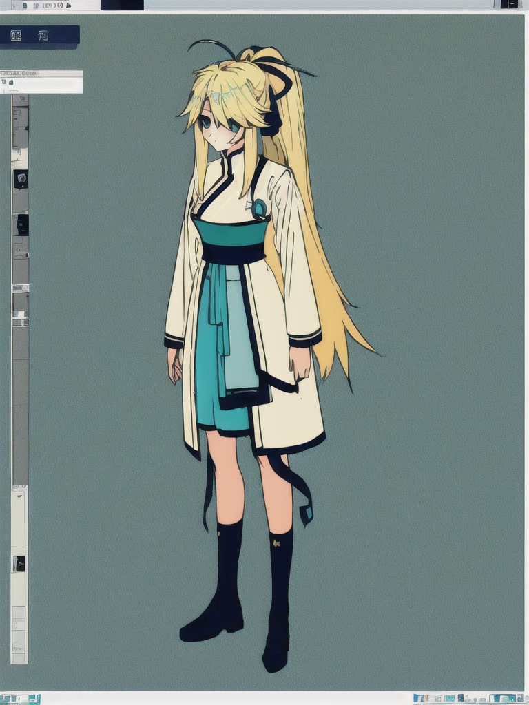 (masterpiece, best quality, high resolution,White background,Kaiko,Standing picture), Anime Screenshots, 1 Girl, Solitary, whole body, Chara_look, Blonde_hair, long hair, Ponytail, hair ribbon,Turquoise fantasy style