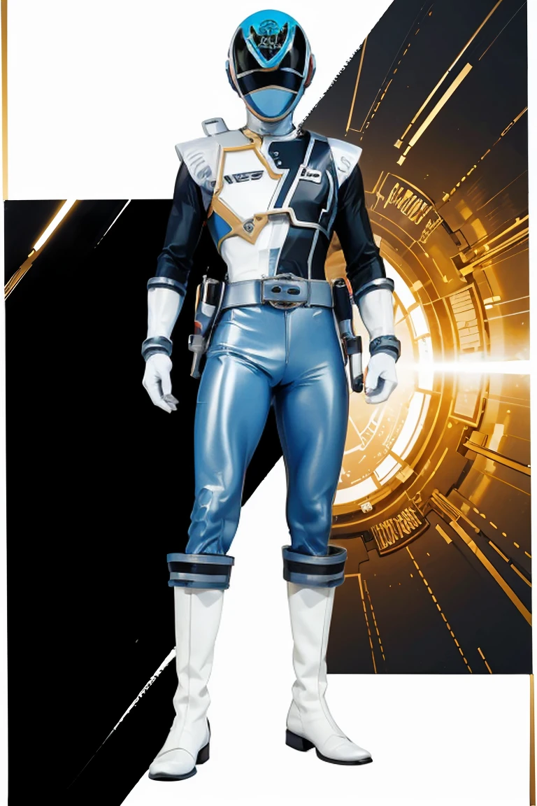 1boy, white, full body, Illustration, cinematic light, high resolution, best quality, ultra detailed, masterpiece, power suit, powerranger, suit, spd, (silver royal guard ranger suit)), gold detail