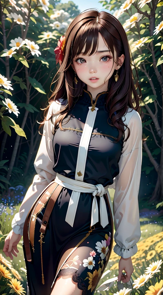 Realistic, High resolution, Soft Light,1 Female, 16age、、Japanese、alone, Lift your hips high, Glowing Skin, (Detailed face),jewelry, Brown Hair, Dress Flower Field,(Dynamic Angle:1.1),Vivid,Soft and warm color palette, Delicate brushwork, The right use of light and shadow, Wide Shot,The taste of withered flowers,High Contrast,Color contrast,Masseter muscle area:1.3、