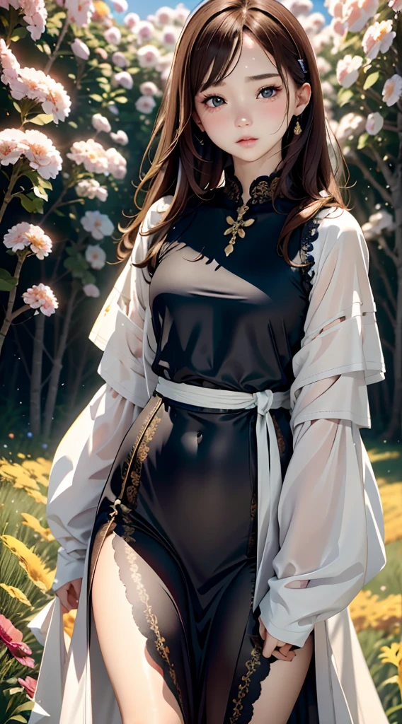 Realistic, High resolution, Soft Light,1 Female, 16age、、Japanese、alone, Lift your hips high, Glowing Skin, (Detailed face),jewelry, Brown Hair, Dress Flower Field,(Dynamic Angle:1.1),Vivid,Soft and warm color palette, Delicate brushwork, The right use of light and shadow, Wide Shot,The taste of withered flowers,High Contrast,Color contrast,Masseter muscle area:1.3、