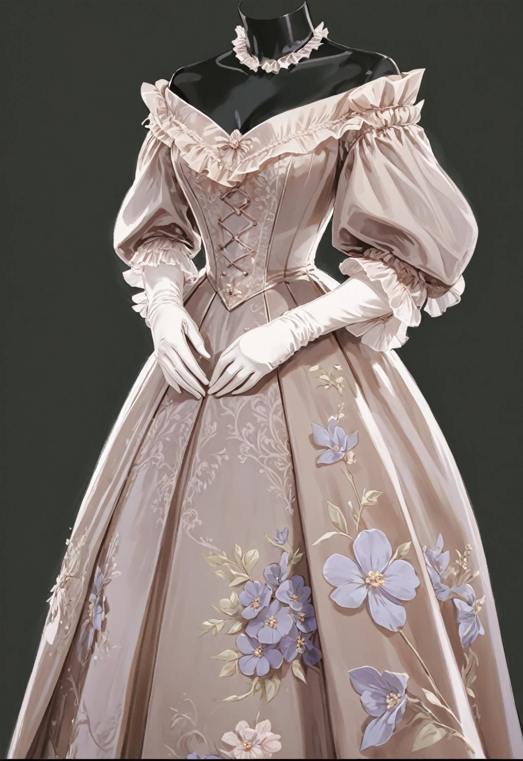 beautiful illustration, ultra-detailed, masterpiece, anime style, victorian era, victorian style, victorian dress, dress with flowers printed, silk dress, white gloves,