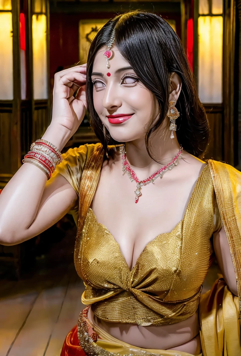 Young sexy Indian woman " dressed as a bride in reaching till knees, full body photo, full temple bridal jewellery,gold tika on head, hindu bridal nose ring in nose with a gold chain reaching till right ear lobe, sexy bridal make up, shy, smiling like a cute bride, sexy eyes , eye liner dense eyelashes eyes, face turn on one side, wearing beautiful red traditional lehenga and deep v-neck cut choli, c-cup cleavage visible, less lit room, front lighting,ample light on bride's face and body, light focus on bride, bilding dupatta with one hand, second hand on thigh, slim waist, wide ass, slim beautiful hands, bridal glow on sexy face, delicate gentle beauty, hyper detailed face, hyper detailed eyes, hyper realistic 8K,