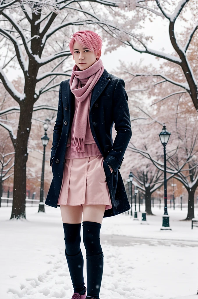 Anime boy with pink hair, wearing scarf, short skirt, , snowy, park background