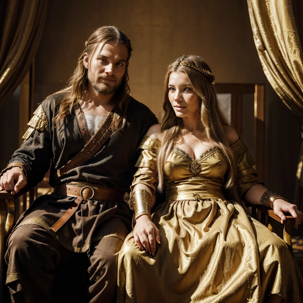 oil painting, a happy couple, a man and woman, They are sitting on the king's chair, Viking man with his wife, very luxurious Viking attire, adorned with golden details, The man is dressed in strong armor and a Viking helmet, the woman wears a lavish gown with traditional Viking accessories,