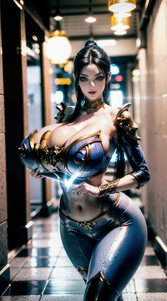 Unreal Engine 5 Realistic Rendering, Excellent, (Blue Jacket), (Yoga Pants), ((Big Blue Eyes, Long Eyelashes)), milf, looking on viewer, Final fantasy, cosplayer, walking down hallway of hideaway, beautiful face, makeup, (photorealism:1.2), ultrarealistic uhd face, (huge fake boobs:1.4), (gigantic breasts:1.1) nipple slip, (muscle abs), (wide hips), (thick thighs), slim waist, hourglass figure, voluptuous, ((shiny skin)), ((she is sexy)), photorealistic, bokeh, masterpiece, highres, 1080P, UHD.