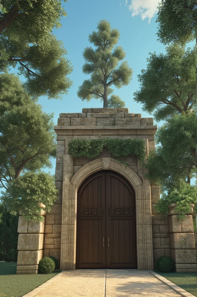 A magical tree with magical limestone bricks floated in the air and lined up around the tree, and there was a magical ancient gate at the end.