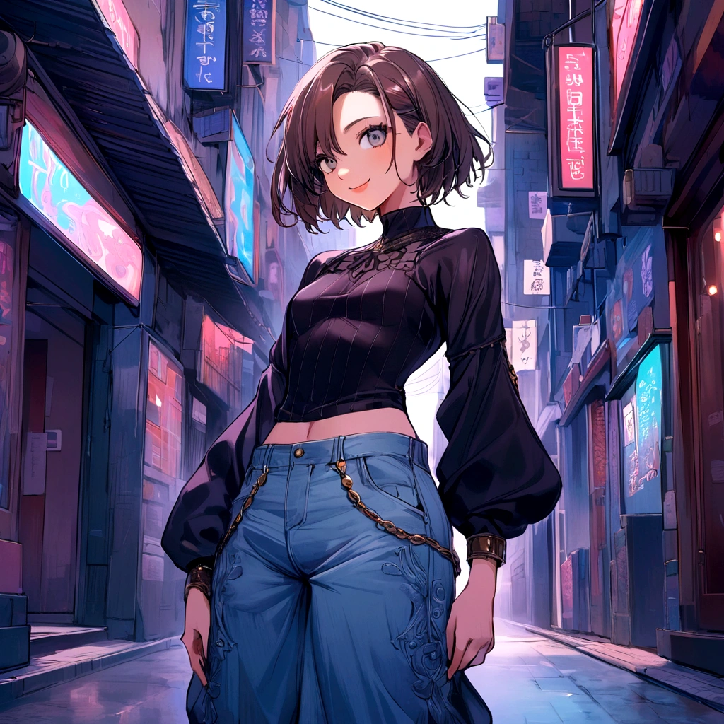 make me a female, 16 years old, short dark brown hair, grey eyes, baggy jeans and tight top, she's smiling