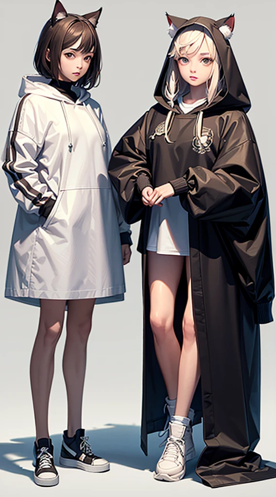 ((masterpiece, Highest_quality)), One girl, (Realistic:1.4), alone, white_background, brown_hair, length_hair, absolute_ryouiki, ((full_body)),Large hooded jacket、Short tank top_black、Cat ear、It has a big tail、Big sneakers