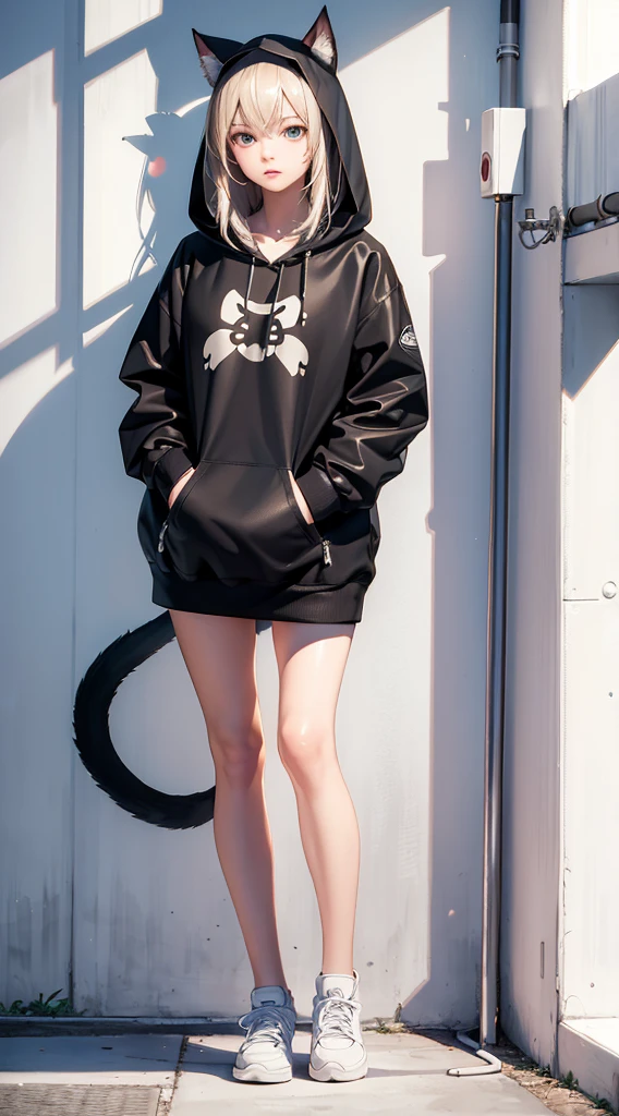((masterpiece, Highest_quality)), One girl, (Realistic:1.4),  alone, white_background, brown_hair, length_hair,   absolute_ryouiki, ((full_body)),Large hooded jacket、Short tank top＿black、Cat ear、It has a big tail、Big sneakers