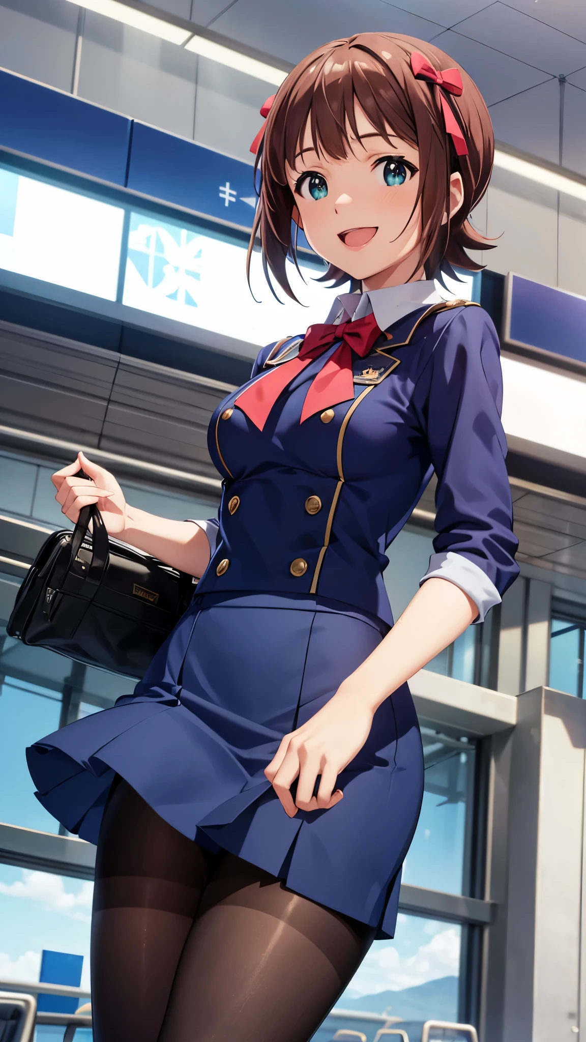 CG, unity, 8k, wallpaper, highest quality, masterpiece, 1 girl, haruka amami, flight attendant, cowboy shot, standing, looking at viewer, waving, (smile: 1.2), open mouth, navy blue uniform, tight short skirt, (thin pantyhose), thighs, best lighting, complex pupils, complex textile, realistic skin texture, detailed background, There is a passenger plane behind her, (at the airport), blue sky