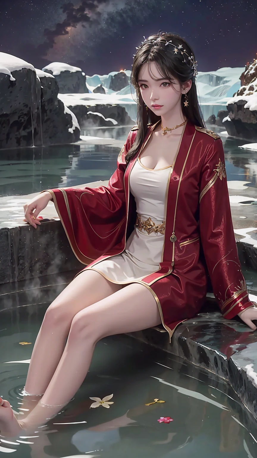 a girl sitting on an iceberg hot spring at night, stars, snow, hot spring water, bathing in the hot spring