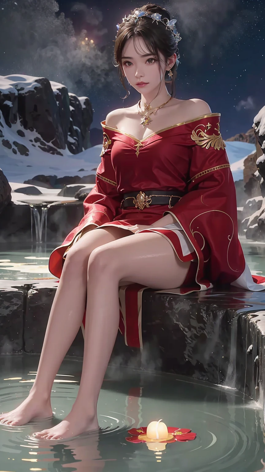 a girl sitting on an iceberg hot spring at night, stars, snow, hot spring water, bathing in the hot spring