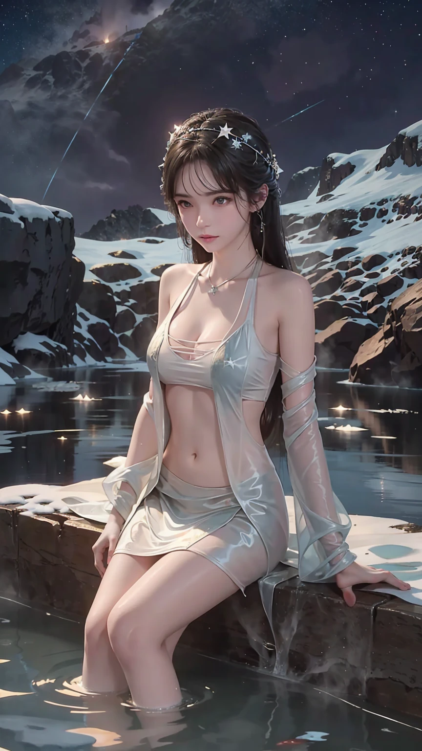 a girl sitting on an iceberg hot spring at night, stars, snow, hot spring water, bathing in the hot spring