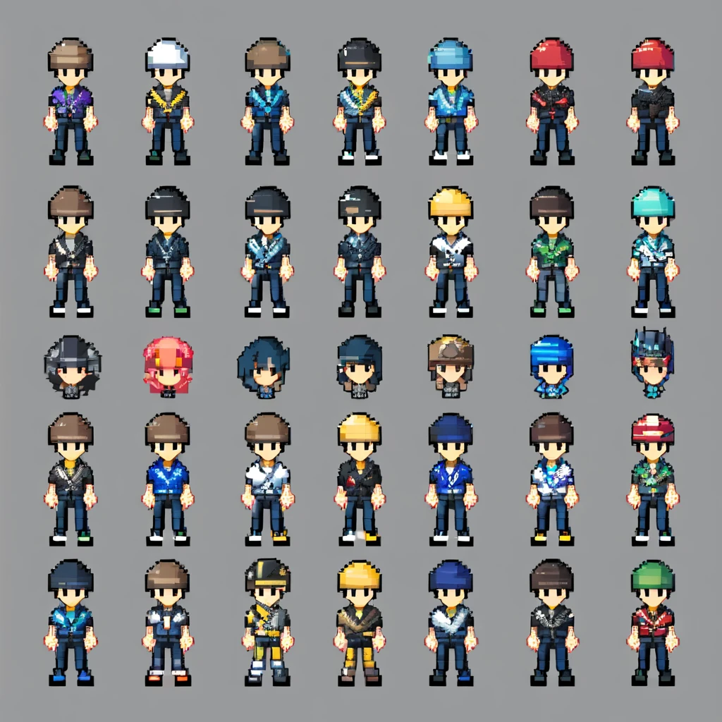 Pixel art,pixel art,Create an original character design sheet,main character of the game,boy,juvenile,#39;s outfit,natural perm,musical instrument,bard,((3 views,whole body, background,multiple views,High resolution)),multiple views,multiple poses,Active,action pose,dynamic,nice,masterpiece,highest quality,In detail,Gracefully,RPG,Famicom,Multiple characters,multiple outfits,Final Fantasy,boldly,ASSASIN , BLACK COAT , HUNTER, BLACK HOODIE, ARMOR, DARK SHADOW